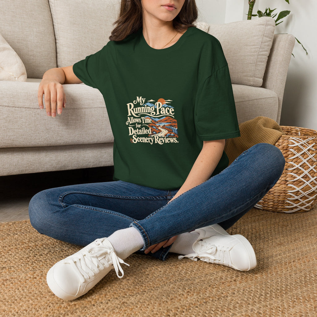 Funny Running T-Shirt, Detailed Scenery Reviews, Adult Runner Gift, Navy or Forest Green