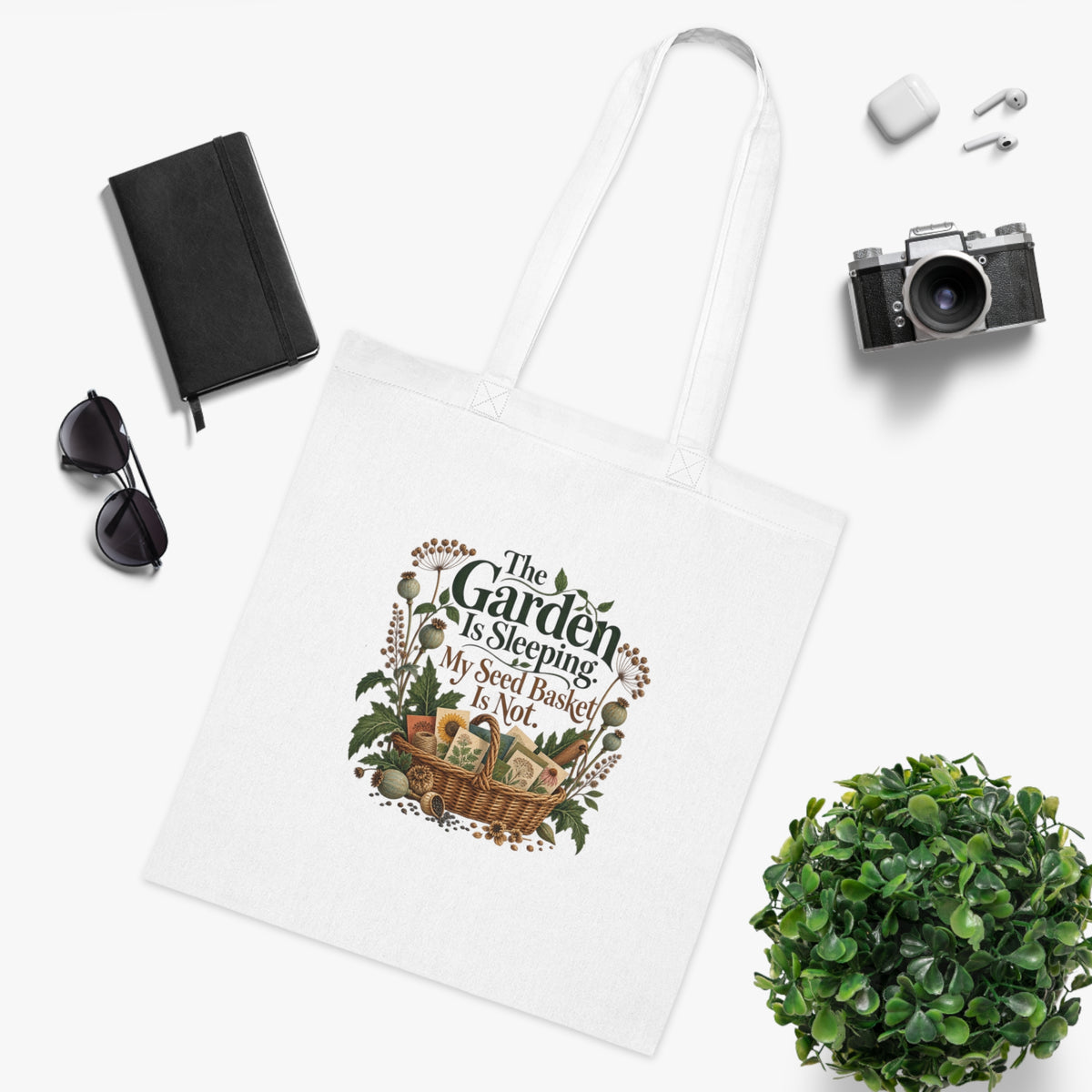 Funny Gardening Tote Bag, Seed Basket Never Sleeps, White Cotton Gardener Gift