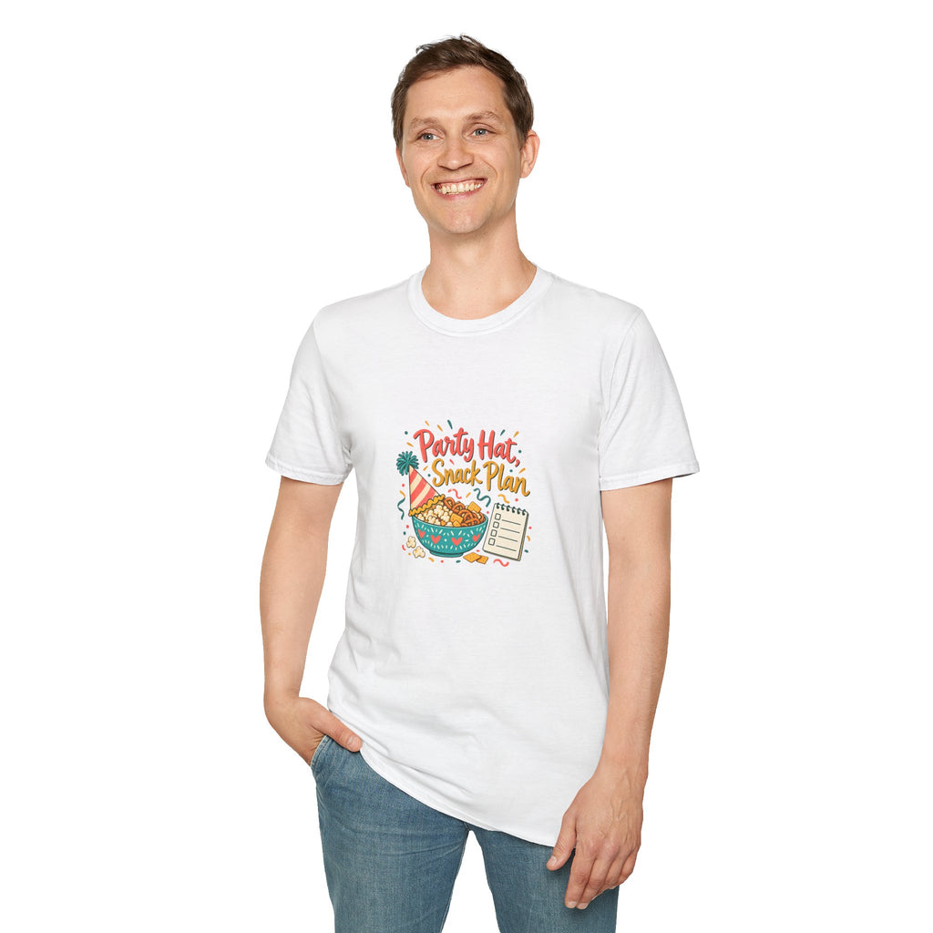 Party Hat, Snack Plan | Birthdays T-Shirt Gift, White or Light Blue
