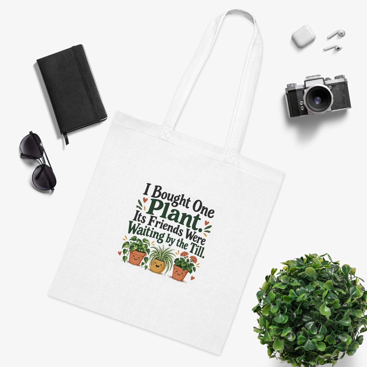 Cotton Tote Bag, Funny Plant Shopping Design, White