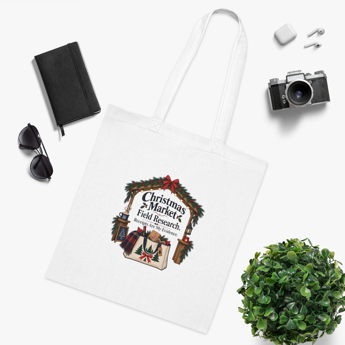 Funny Christmas Market Tote Bag, Field Research, White Cotton Festive Gift
