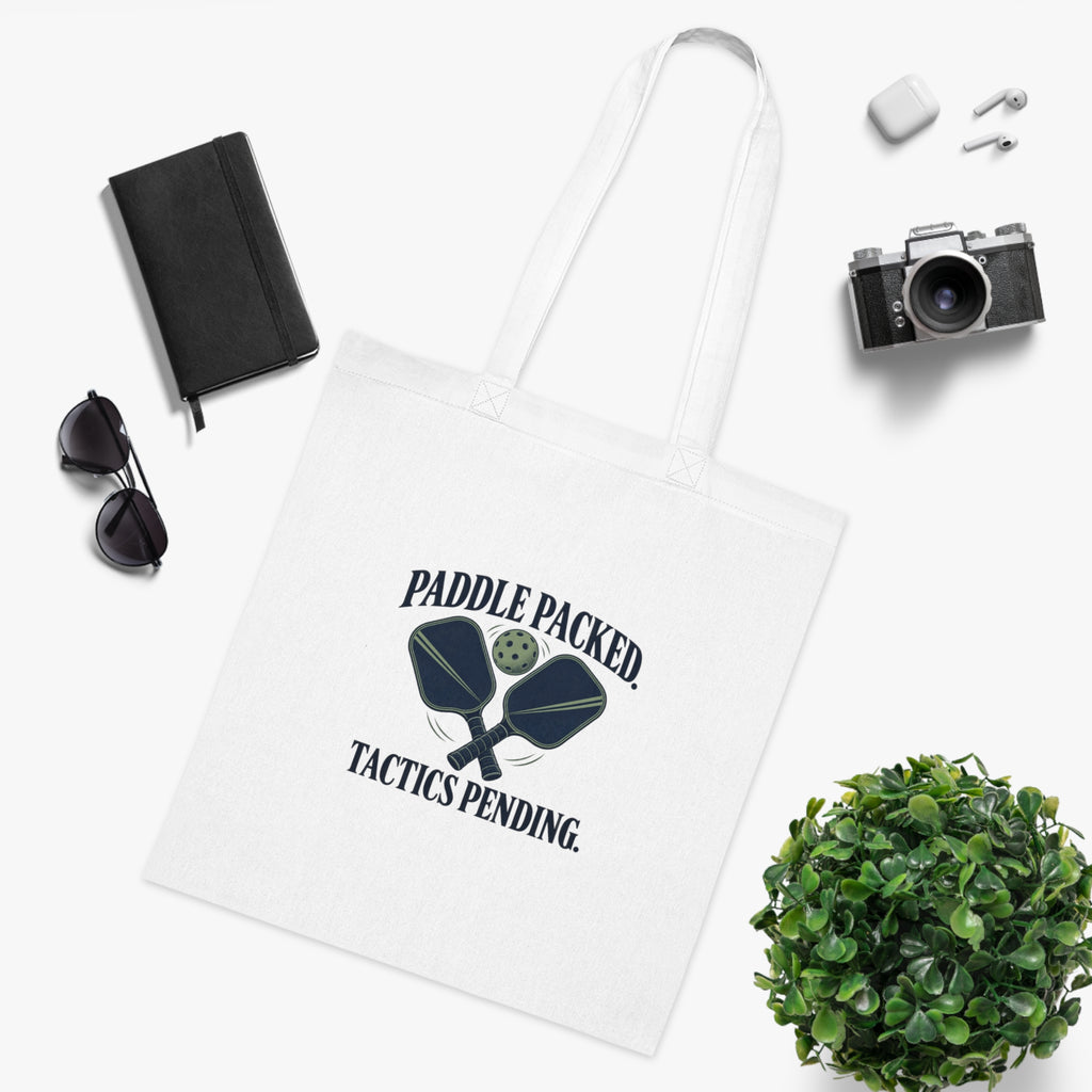 Funny Pickleball Tote Bag, Paddle Packed Tactics Pending, White Cotton Adult Gift