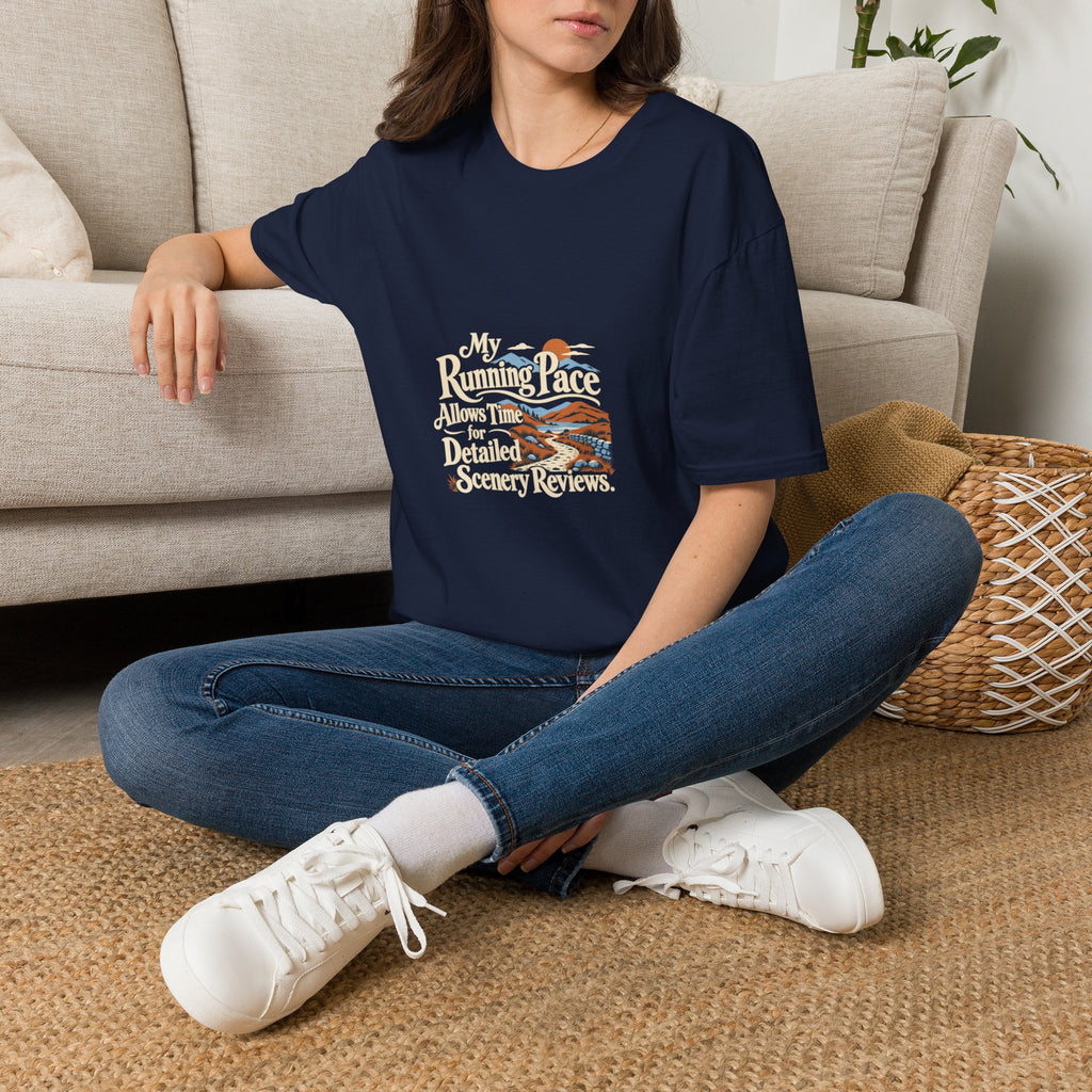 Funny Running T-Shirt, Detailed Scenery Reviews, Adult Runner Gift, Navy or Forest Green