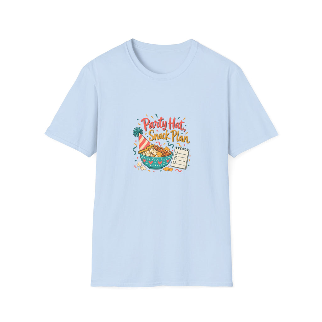 Party Hat, Snack Plan | Birthdays T-Shirt Gift, White or Light Blue
