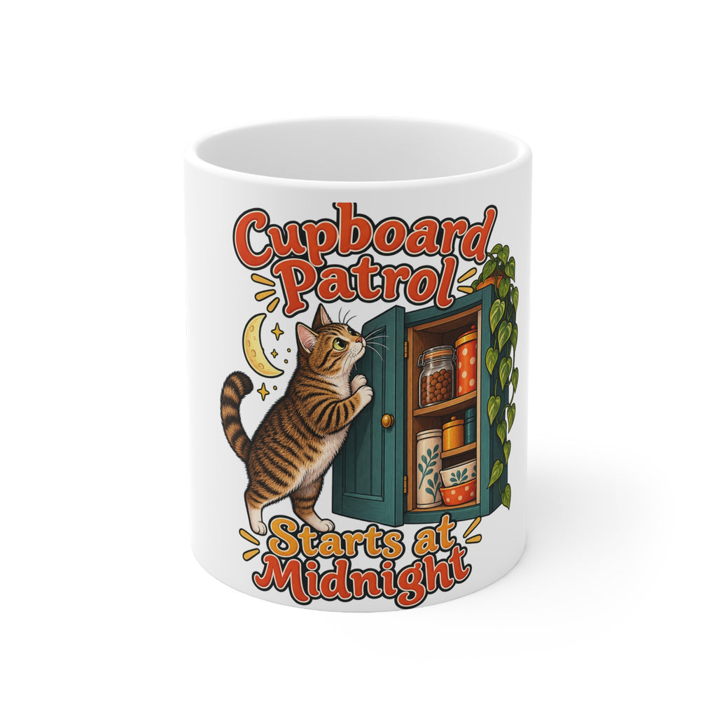 Cupboard Patrol Starts at Midnight | Funny Cat Owner Mug | Banterpip