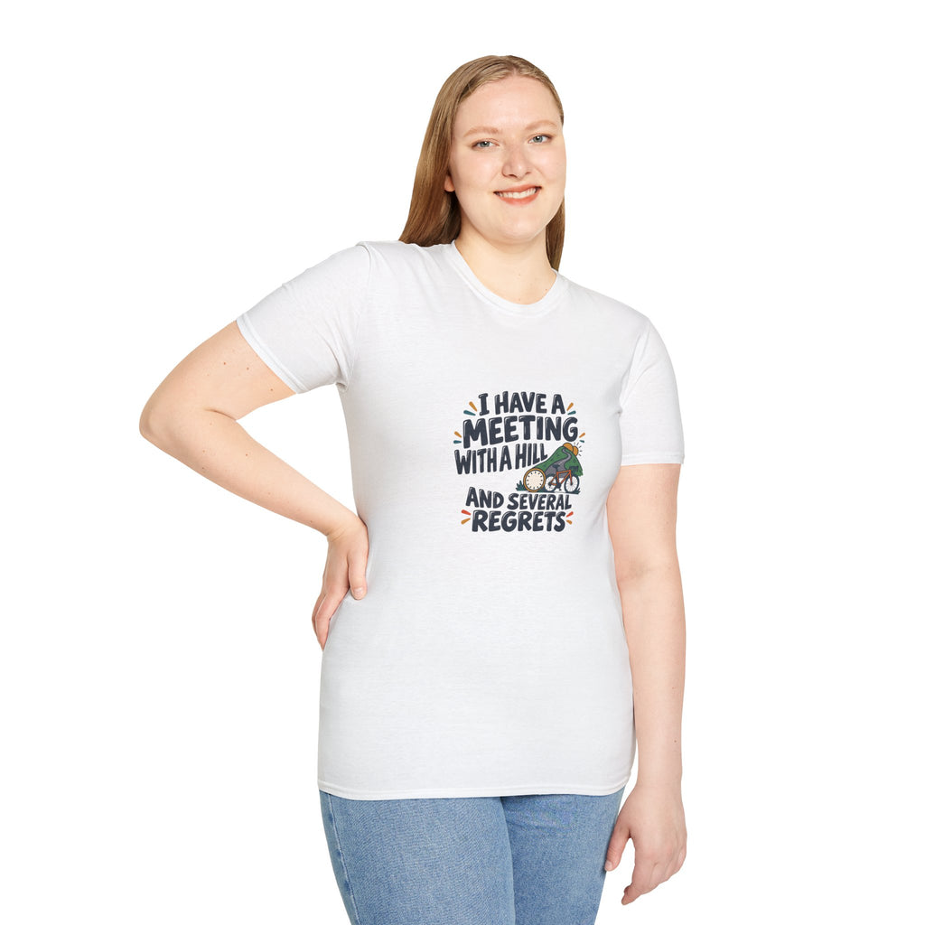I Have a Meeting With a Hill and Several Regrets | Cycling T-Shirt Gift, White or Light Blue