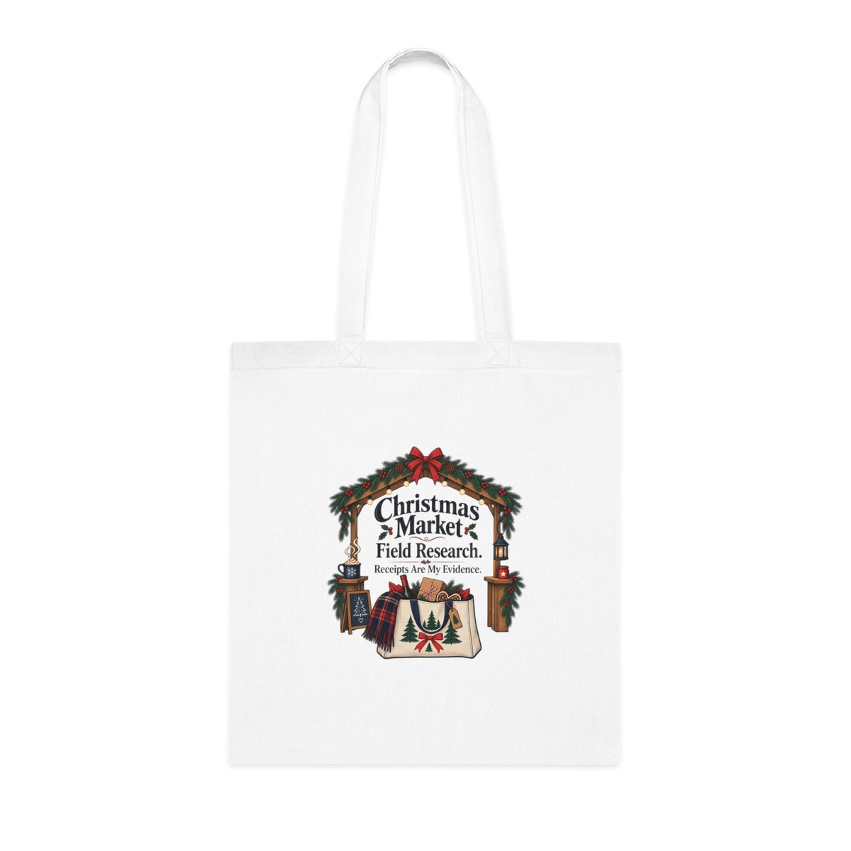 Funny Christmas Market Tote Bag, Field Research, White Cotton Festive Gift
