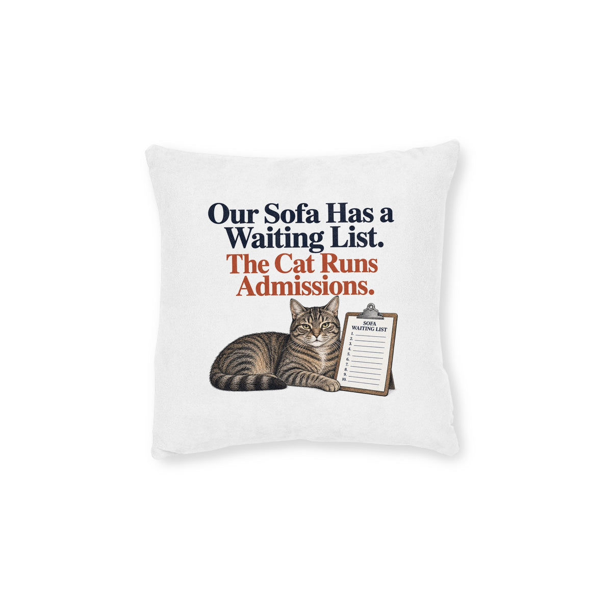 Funny Cat Sofa Cushion, Waiting List Admissions, 12 inch Cat Lover Home Gift