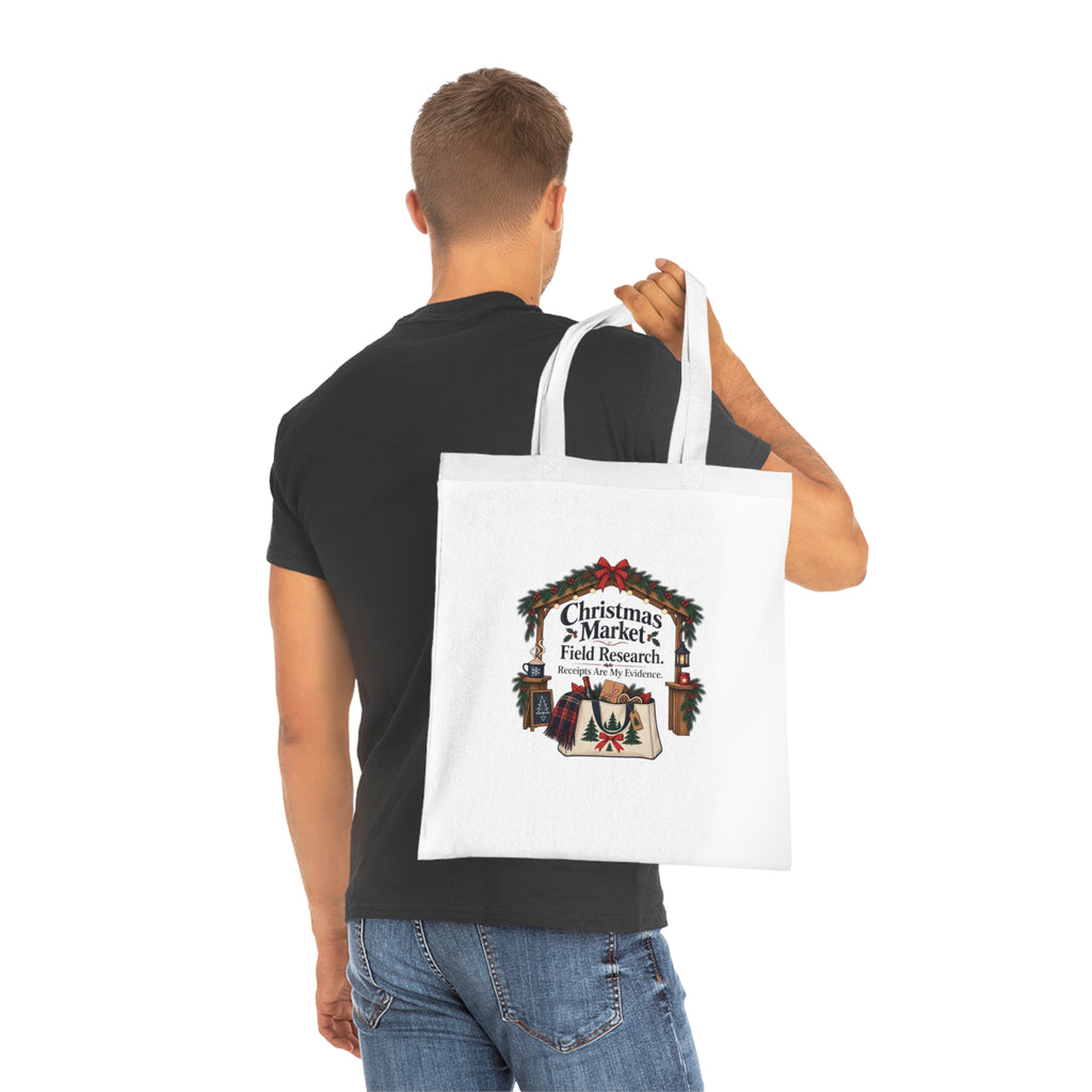 Funny Christmas Market Tote Bag, Field Research, White Cotton Festive Gift