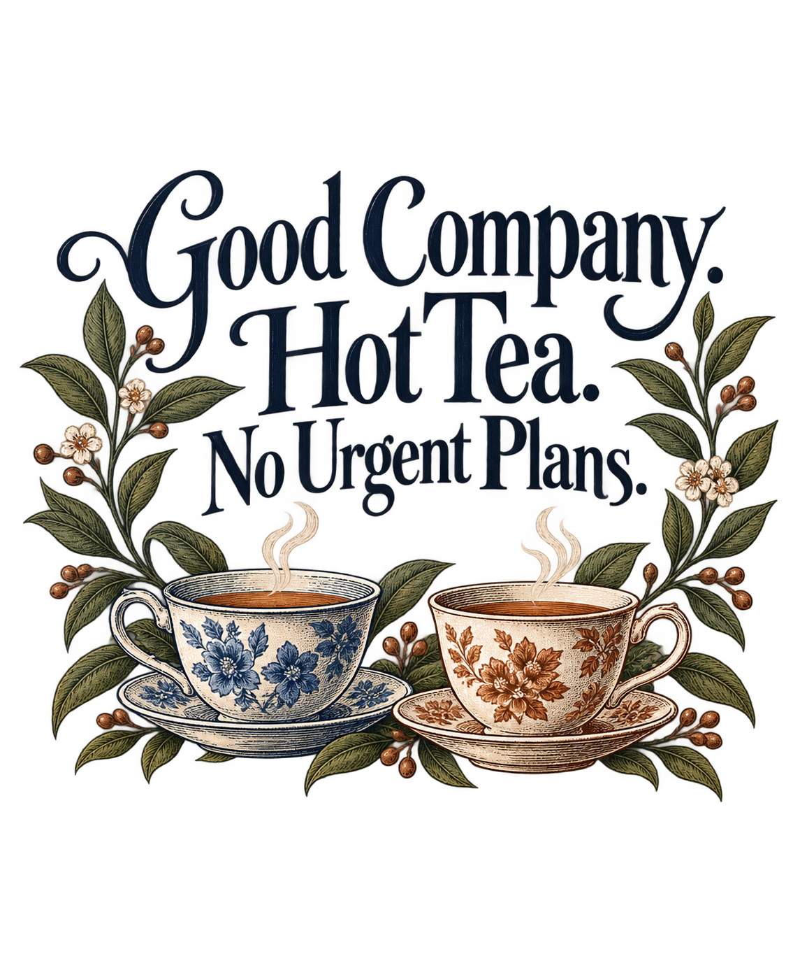 Good Company Hot Tea Art Print, Botanical Teacups, Adult Home Gift, 9 x 11 Inch Unframed
