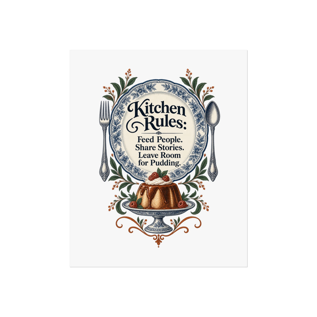 Kitchen Rules Art Print, Feed People Share Stories, Funny Dining Room Gift, 9 x 11 Inch Unframed