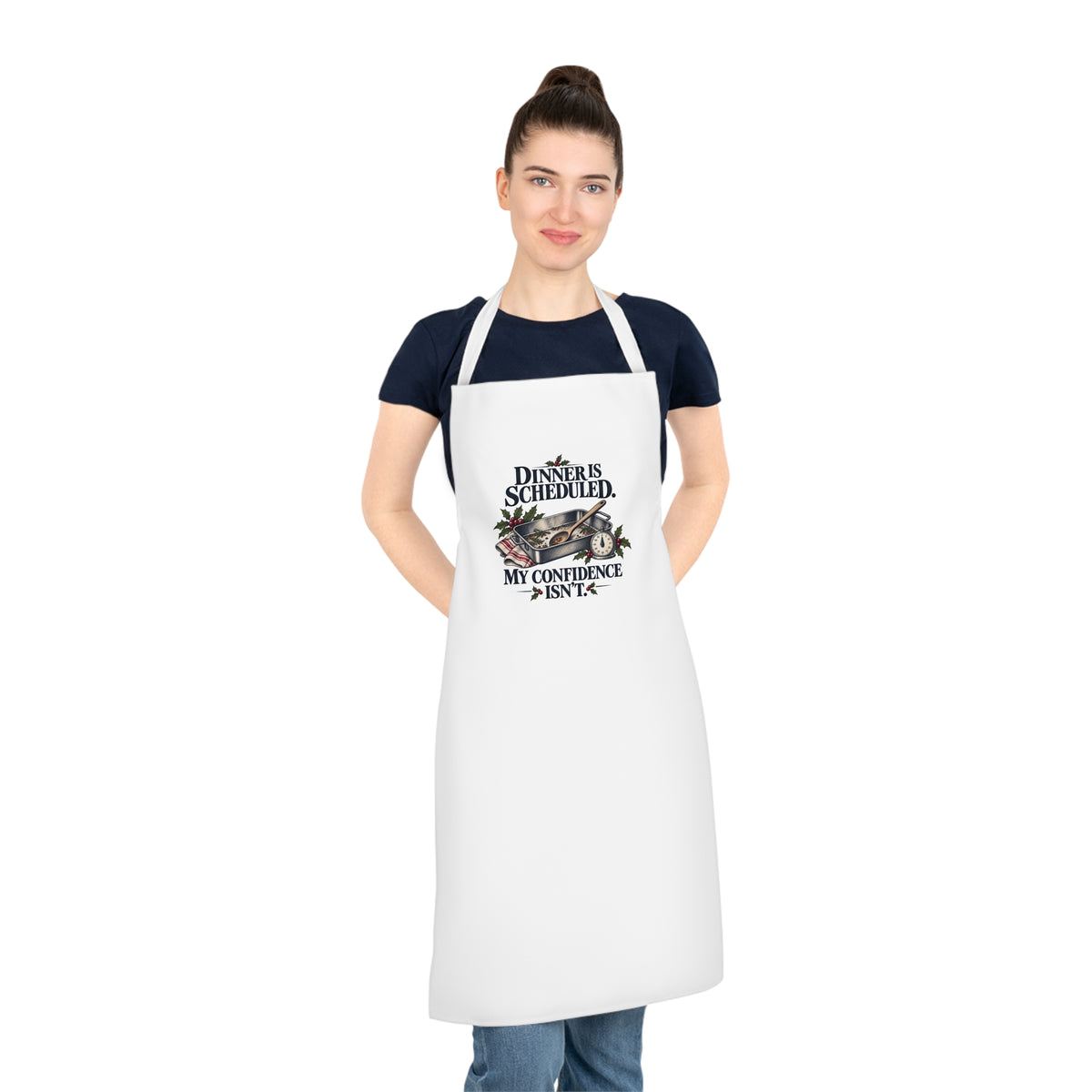 Funny Christmas Cooking Apron, Dinner Scheduled Confidence Pending, Adult White Gift