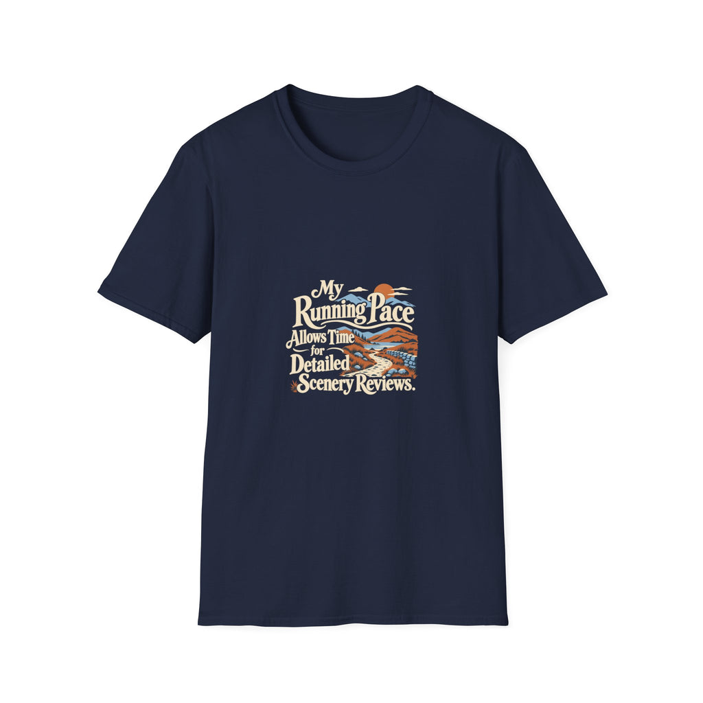 Funny Running T-Shirt, Detailed Scenery Reviews, Adult Runner Gift, Navy or Forest Green