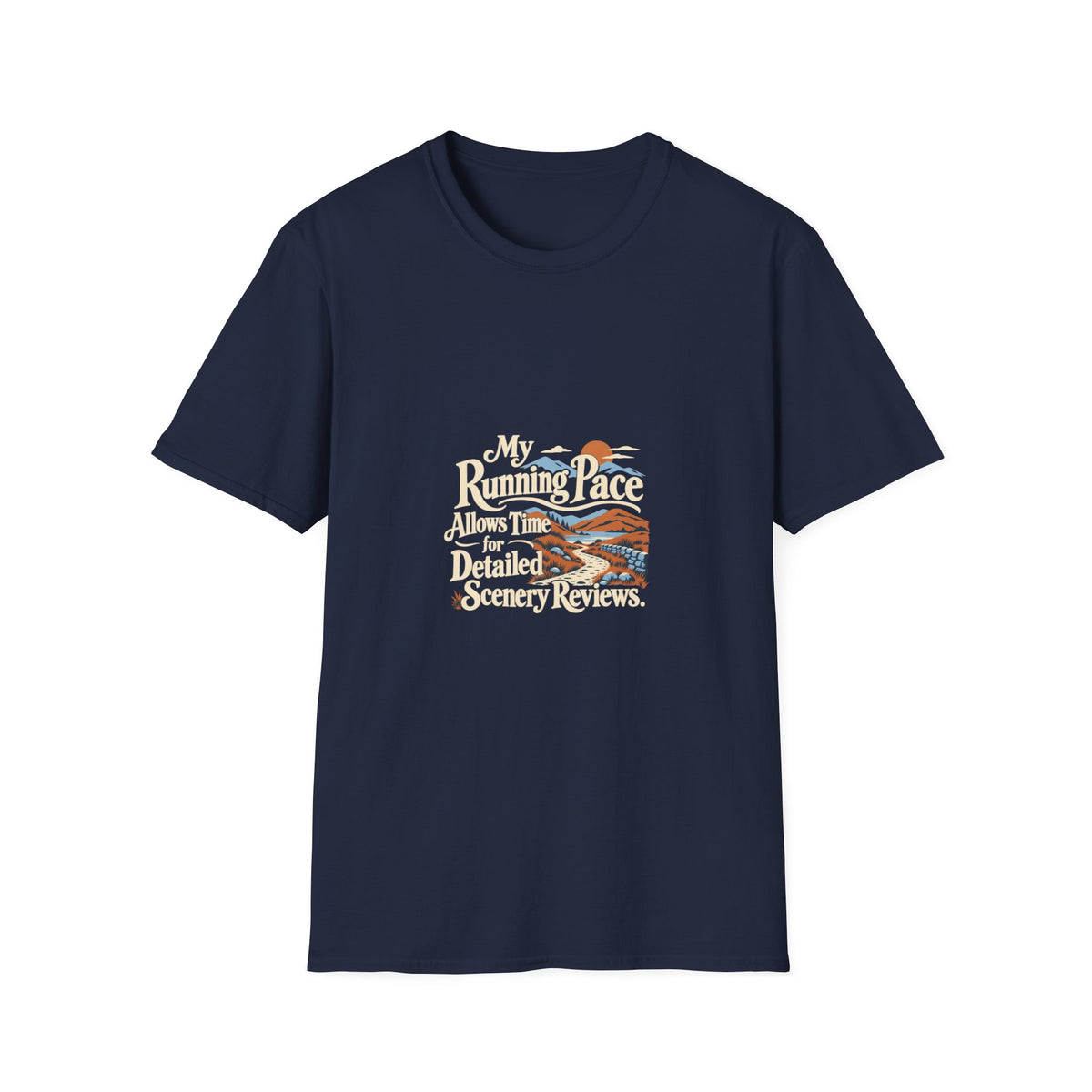 Funny Running T-Shirt, Detailed Scenery Reviews, Adult Runner Gift, Navy or Forest Green