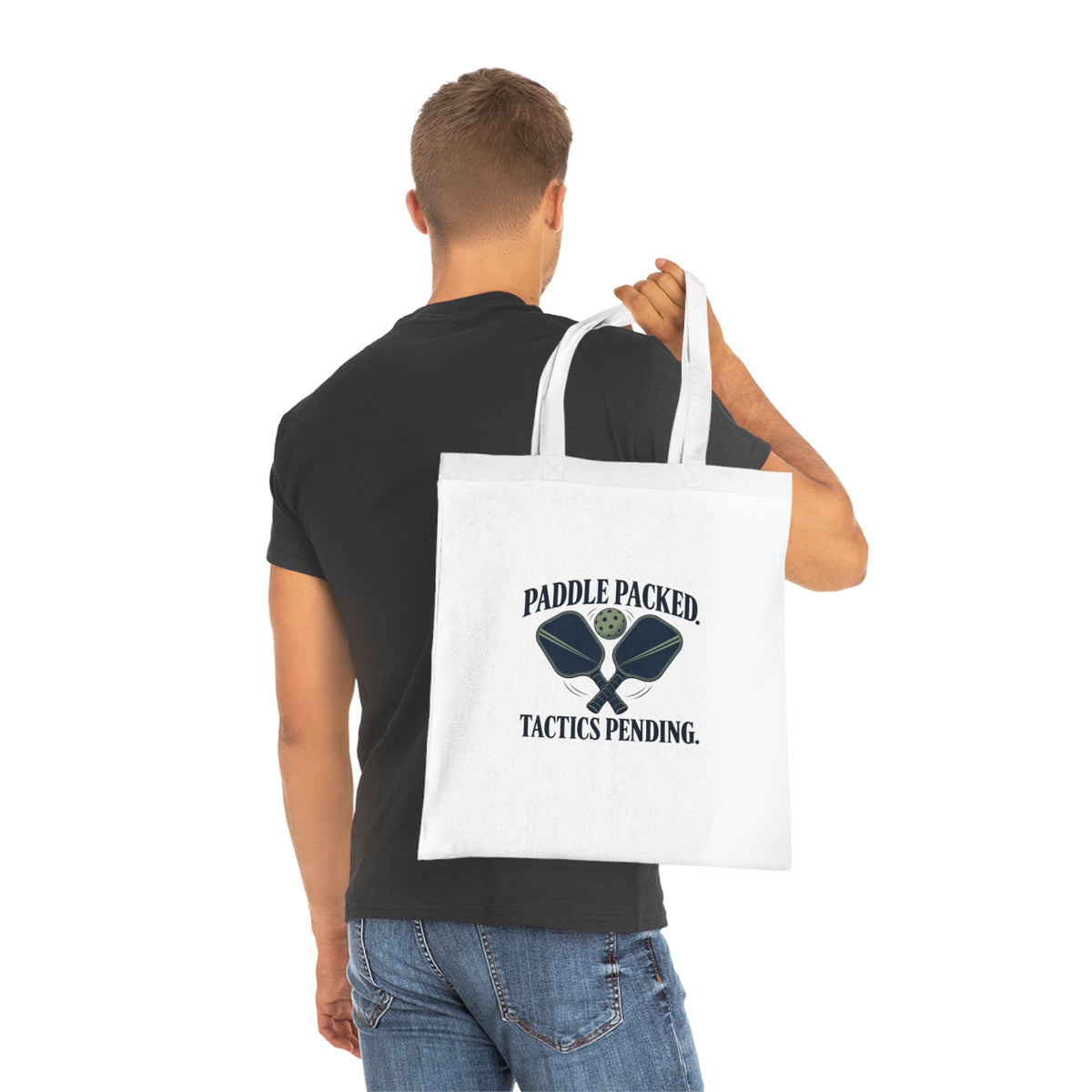 Funny Pickleball Tote Bag, Paddle Packed Tactics Pending, White Cotton Adult Gift