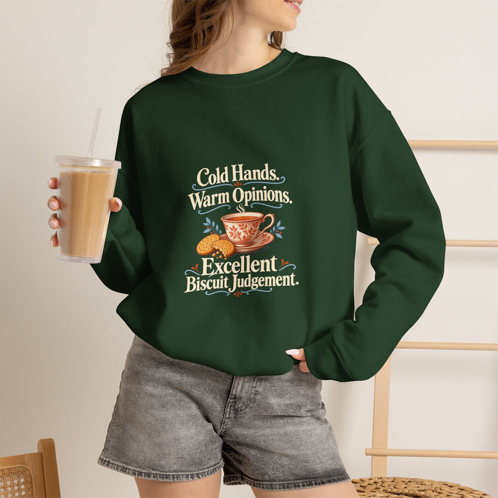 Funny Tea and Biscuit Sweatshirt, Cold Hands Warm Opinions, Adult Cosy Gift, Navy or Forest Green