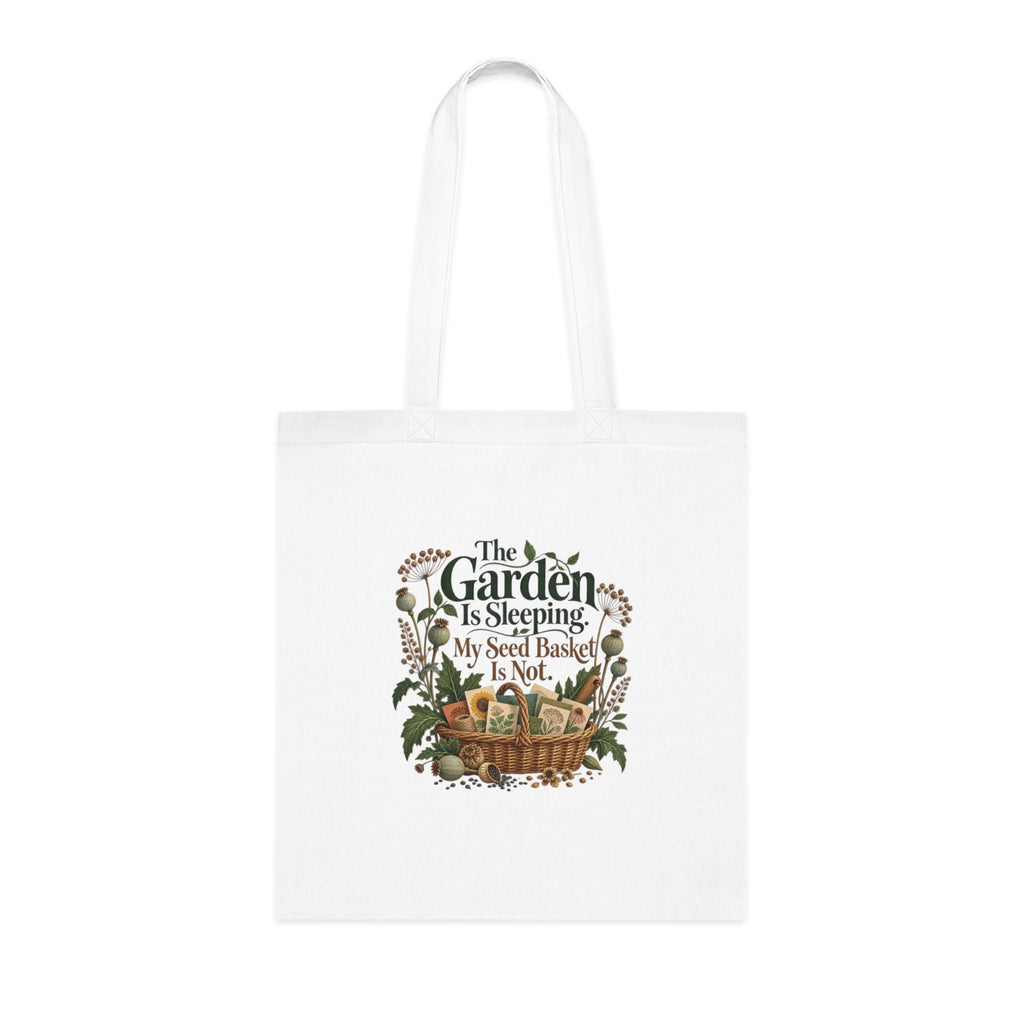 Funny Gardening Tote Bag, Seed Basket Never Sleeps, White Cotton Gardener Gift