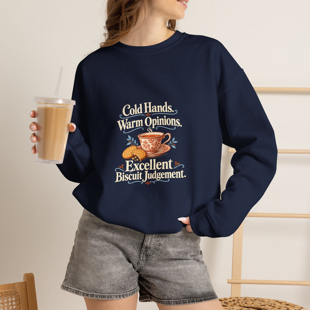 Funny Tea and Biscuit Sweatshirt, Cold Hands Warm Opinions, Adult Cosy Gift, Navy or Forest Green