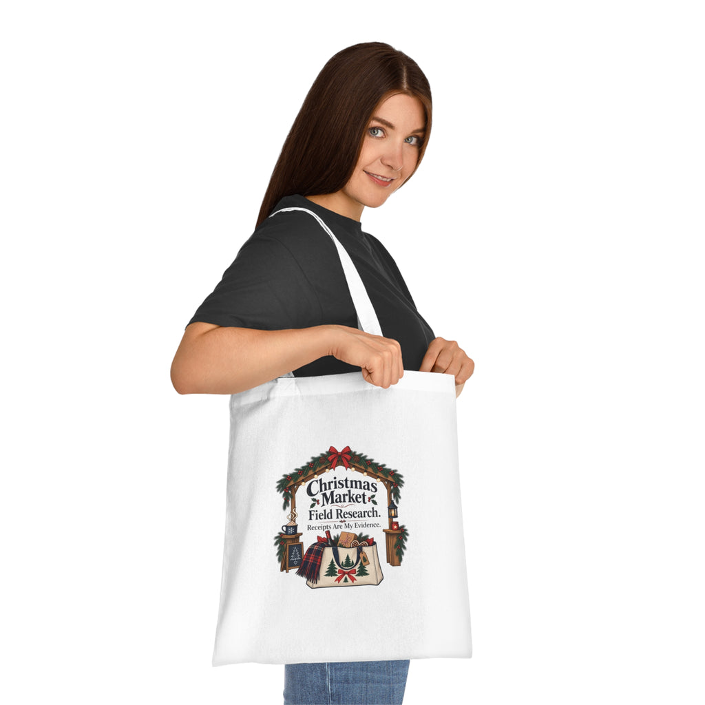 Funny Christmas Market Tote Bag, Field Research, White Cotton Festive Gift
