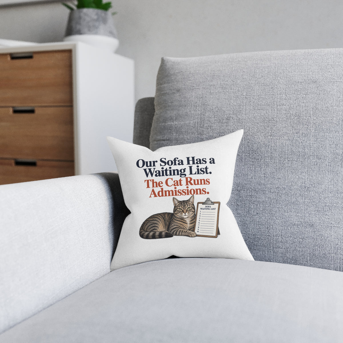 Funny Cat Sofa Cushion, Waiting List Admissions, 12 inch Cat Lover Home Gift