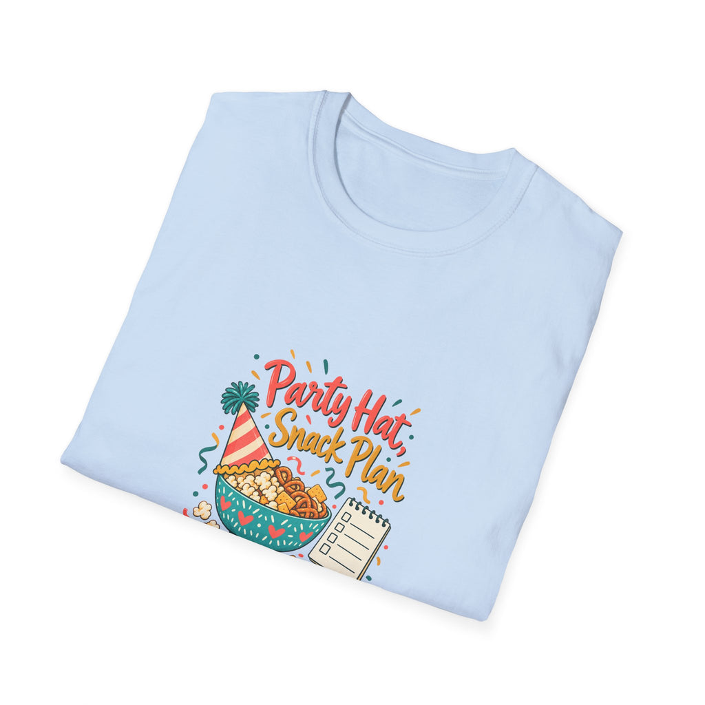 Party Hat, Snack Plan | Birthdays T-Shirt Gift, White or Light Blue