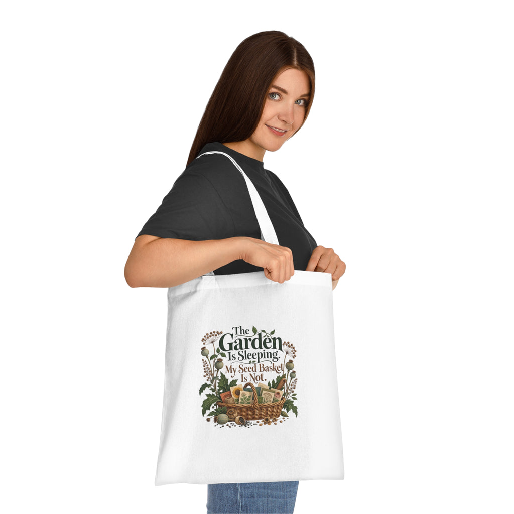 Funny Gardening Tote Bag, Seed Basket Never Sleeps, White Cotton Gardener Gift