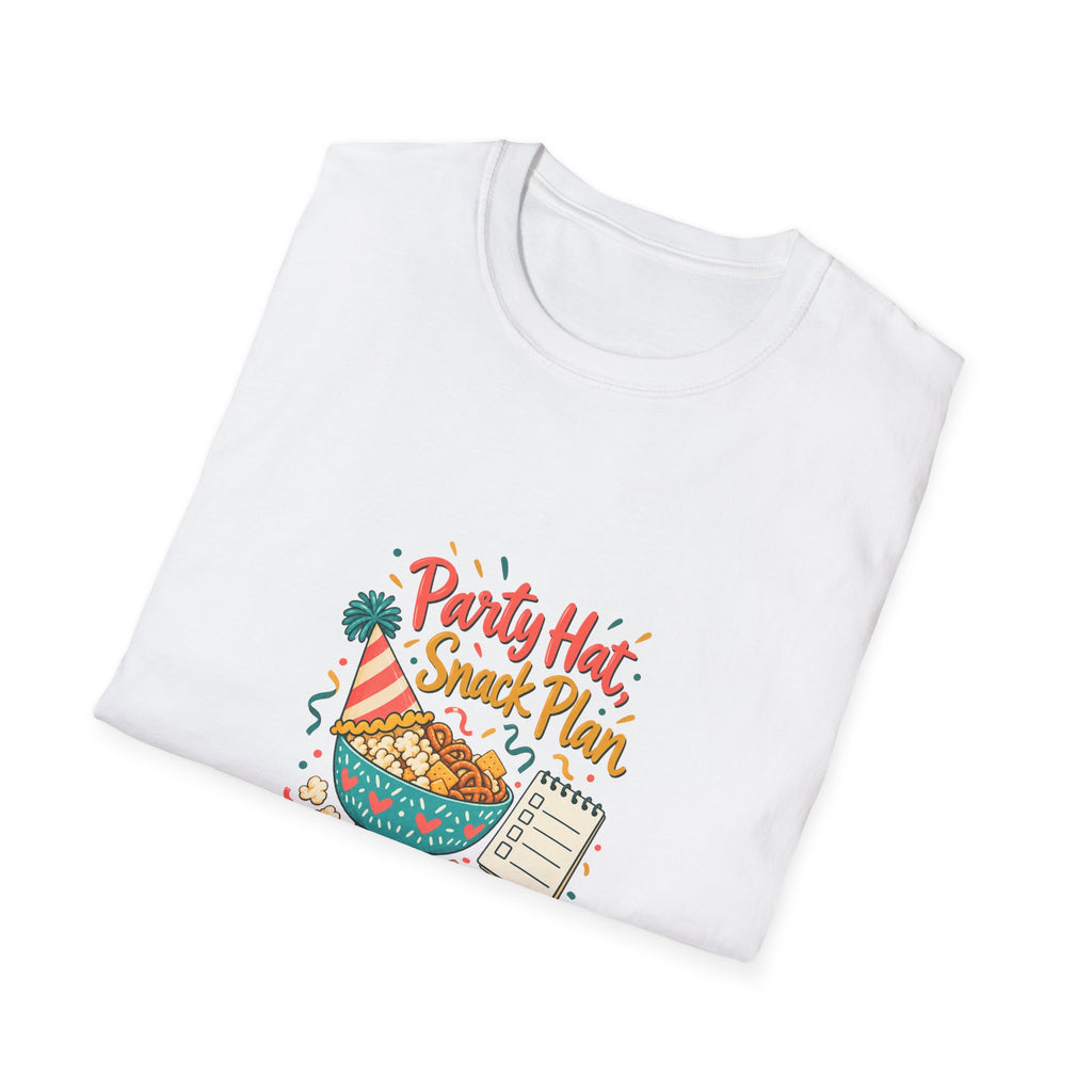 Party Hat, Snack Plan | Birthdays T-Shirt Gift, White or Light Blue